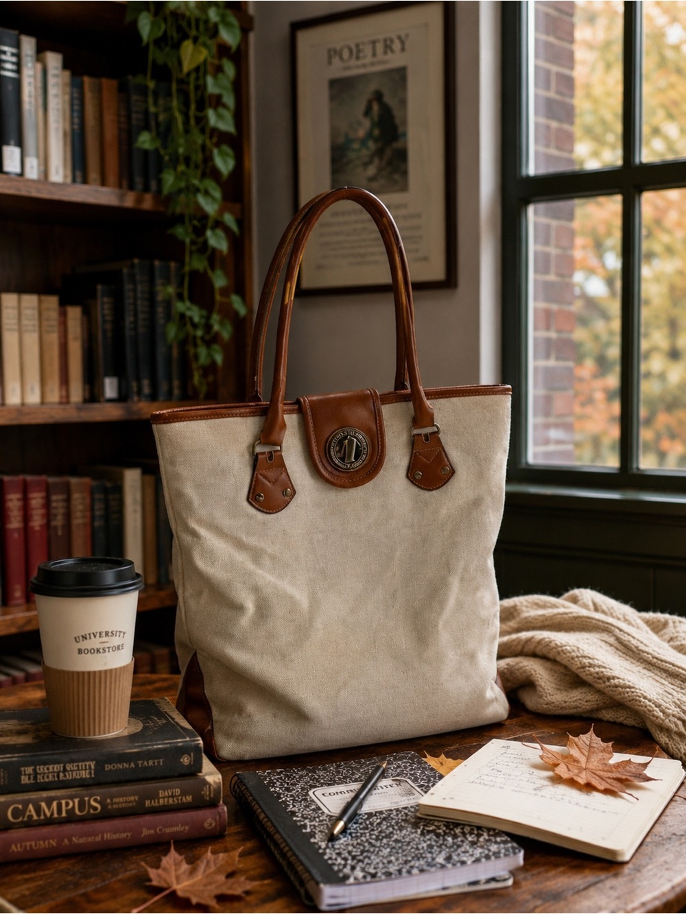 Isaac Mizrahi Beige Canvas Tote with Brown Faux Leather Trim